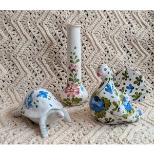 Hand Painted European Ceramic Trio Bird Coin Bank Turtle Trinket Box Bud Vase